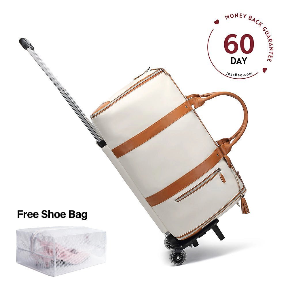 Beige stylish waterproof rolling trolley travel bag with telescopic handle – Jess Bag